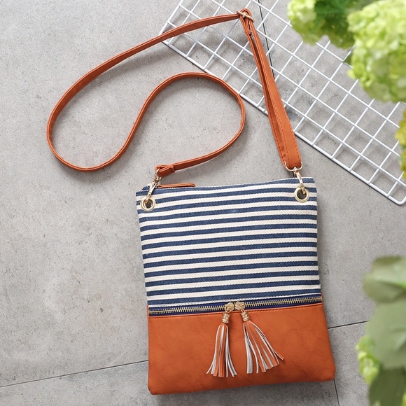 Navy Striped Cognac Faux Leather Crossbody Bag - Picture 6 of 12